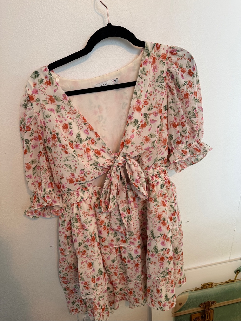 Lush Cream Floral Tie-Front Mini Dress with Pink & Coral Flowers